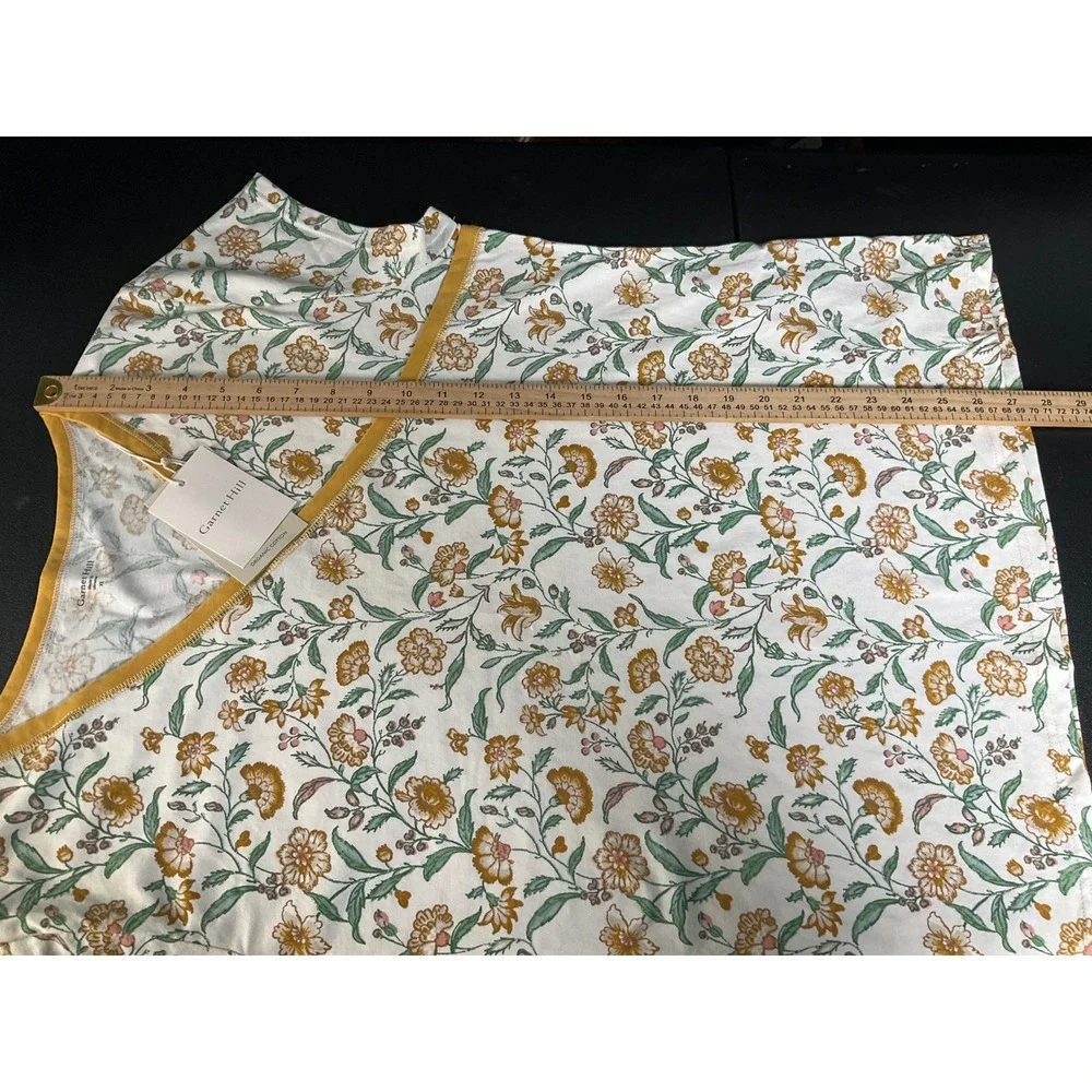 Garnet Hill Floral Wrap Neck Top Women's XL Cream Mustard‎ Yellow Organic Cotton